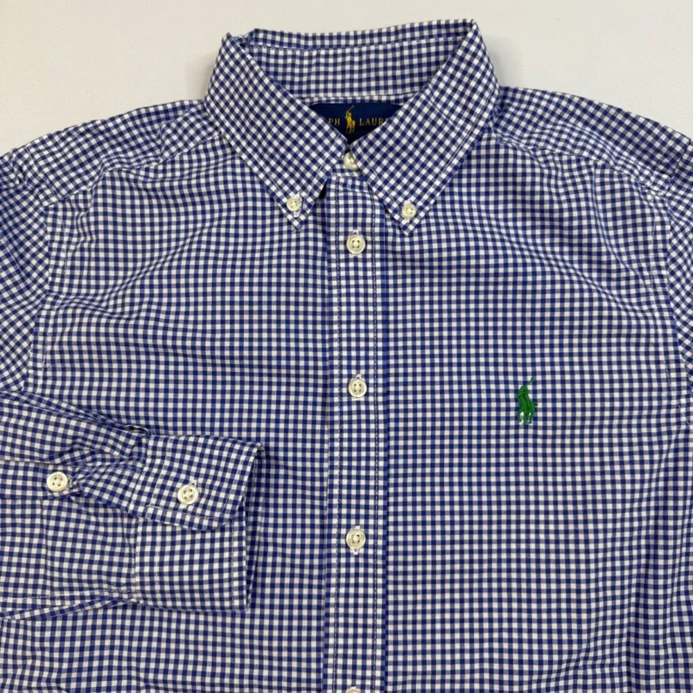 Ralph Lauren Button Down Shirt Kids Boys L 14-16 Blue Gingham Long Sleeve Cotton